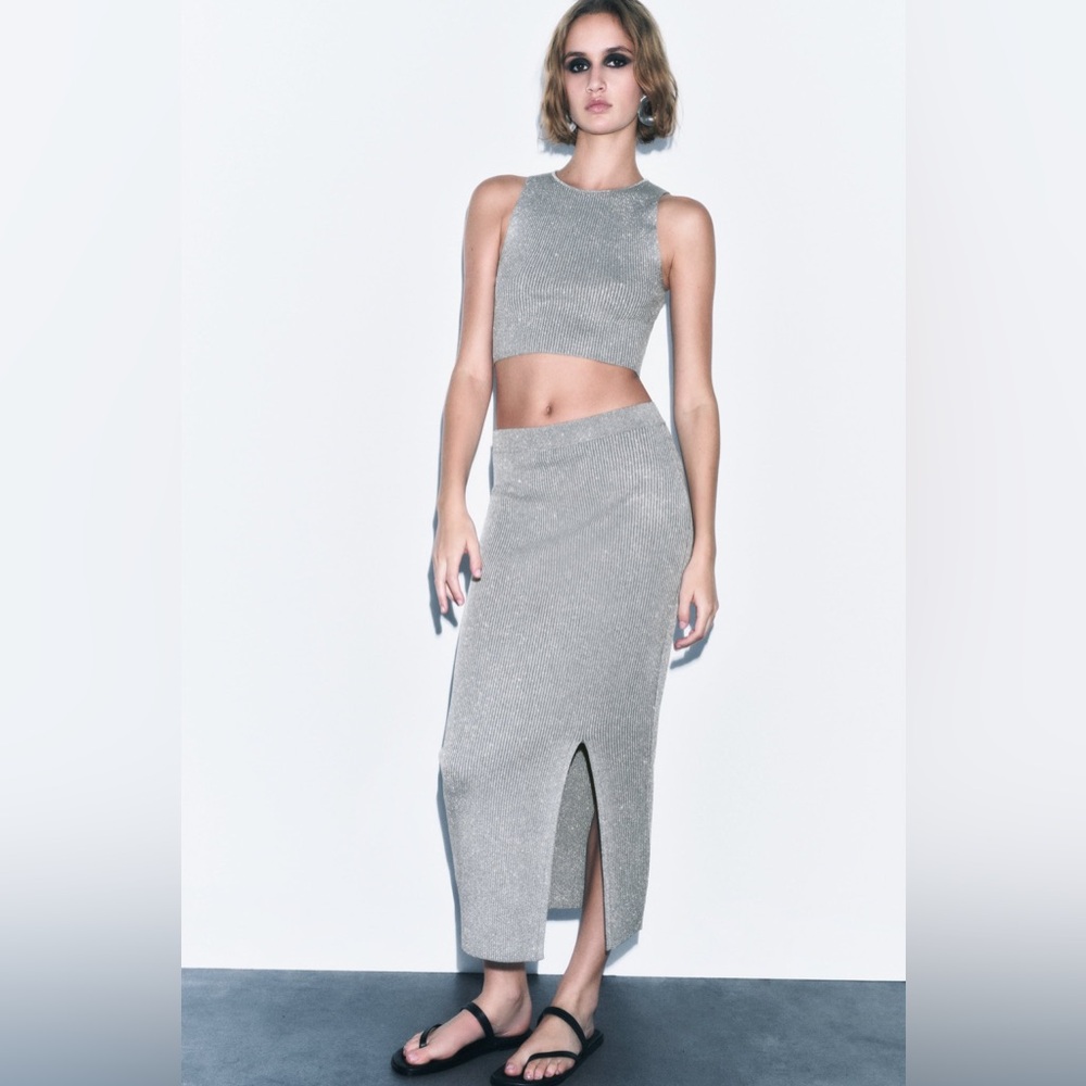 Zara Silver Shimmery Knit Crop Top and Matching Skirt